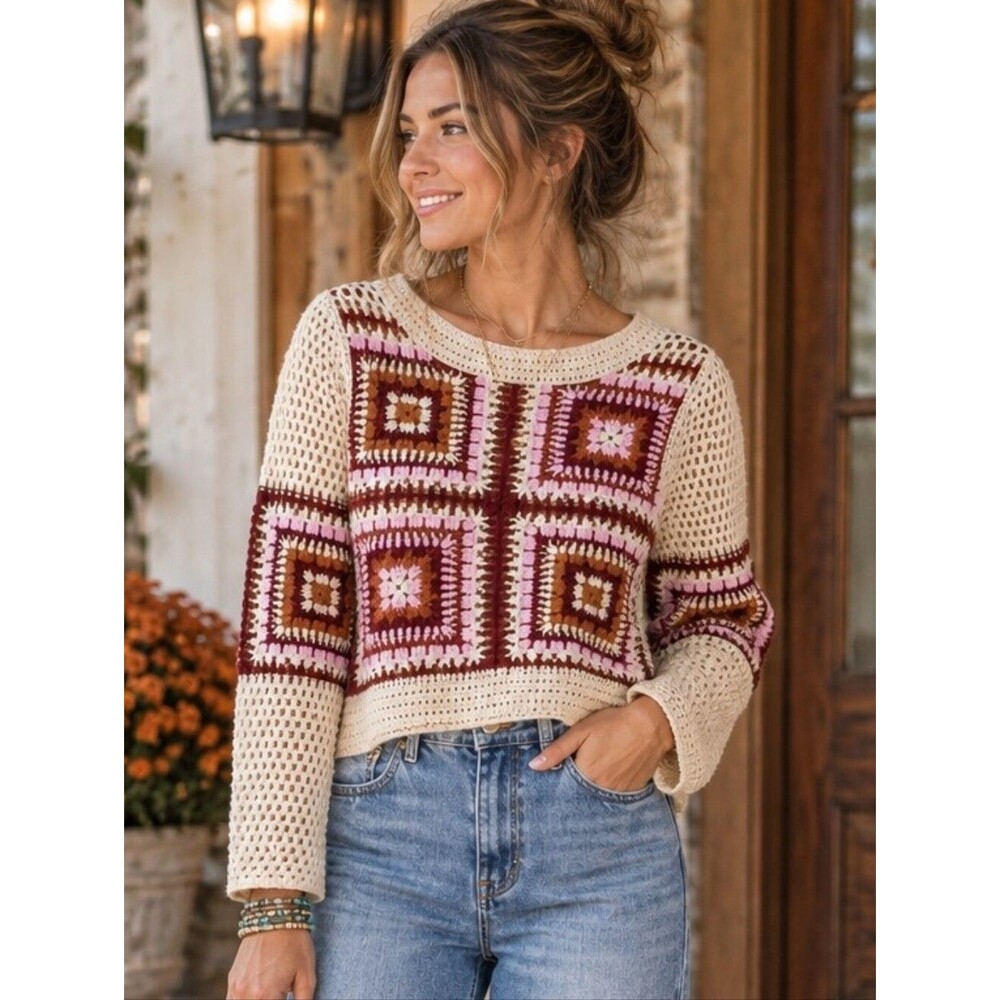 Granny Square Crochet Sweater Cream Multicolor Boho Cottagecore Y2K
